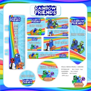 Kit de etiquetas escolares no tema Rainbow Friends com os personagens coloridos para personalizar cadernos e materiais.