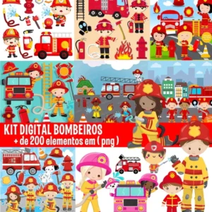 Elementos digitais de bombeiro com caminhão de bombeiros, hidrante e chamas em alta resolução. Imagens em formato PNG transparente e papéis em JPG.