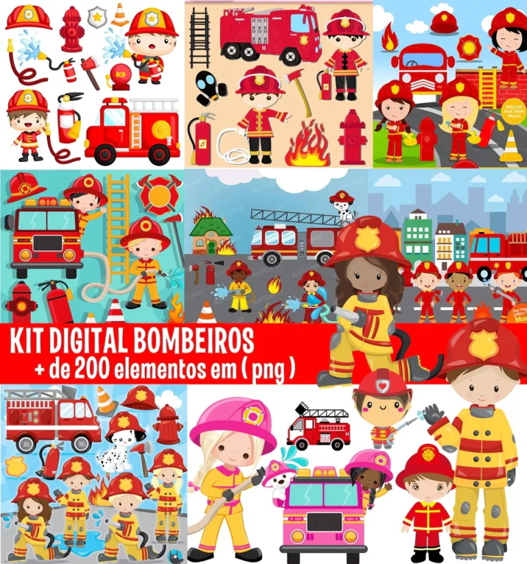 Elementos digitais de bombeiro com caminhão de bombeiros, hidrante e chamas em alta resolução. Imagens em formato PNG transparente e papéis em JPG.