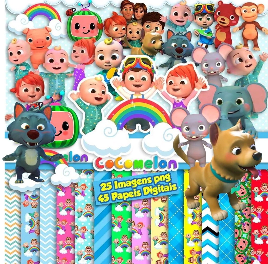 Elementos digitais de Cocomelon em alta resolução. Imagens em formato PNG com fundo transparente e papéis com melancia e notas musicais em JPG.