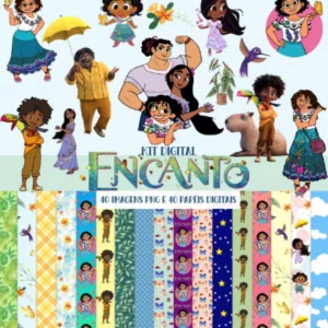 Elementos digitais da família Madrigal e papéis de parede mágicos de Encanto. Imagens em formato PNG com fundo transparente e estampas florais em JPG.
