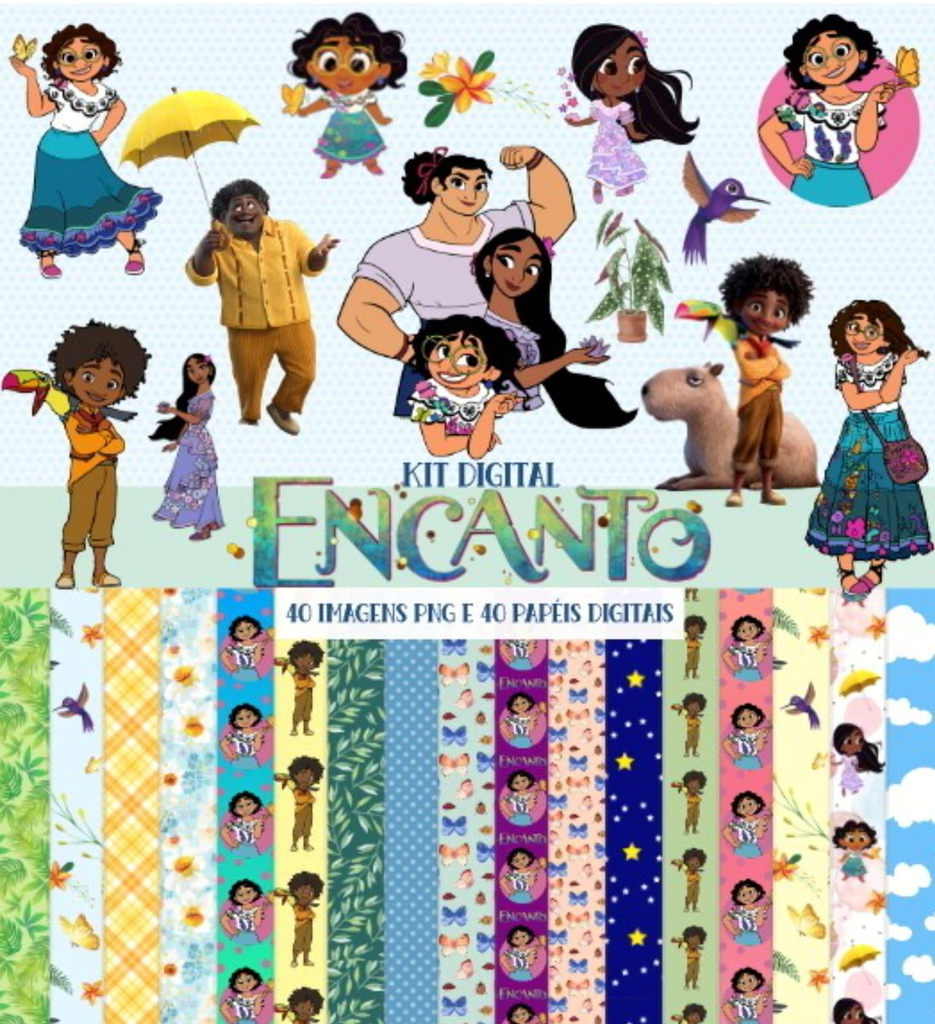 Elementos digitais da família Madrigal e papéis de parede mágicos de Encanto. Imagens em formato PNG com fundo transparente e estampas florais em JPG.