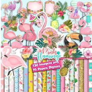 Elementos digitais de flamingos e folhagens tropicais em alta resolução. Imagens em formato PNG com fundo transparente e estampas florais em JPG.
