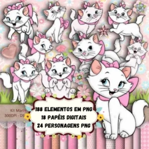 Elementos digitais da Gata Marie com laços e flores em alta resolução. Imagens em formato PNG transparente e papéis em JPG.