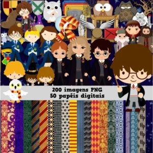 Elementos digitais de magia com óculos, cicatriz e brasões de Hogwarts em alta resolução. Imagens em formato PNG transparente e papéis em JPG.