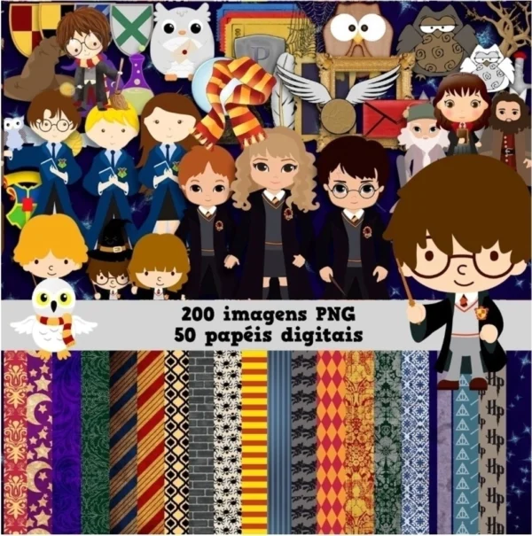 Elementos digitais de magia com óculos, cicatriz e brasões de Hogwarts em alta resolução. Imagens em formato PNG transparente e papéis em JPG.