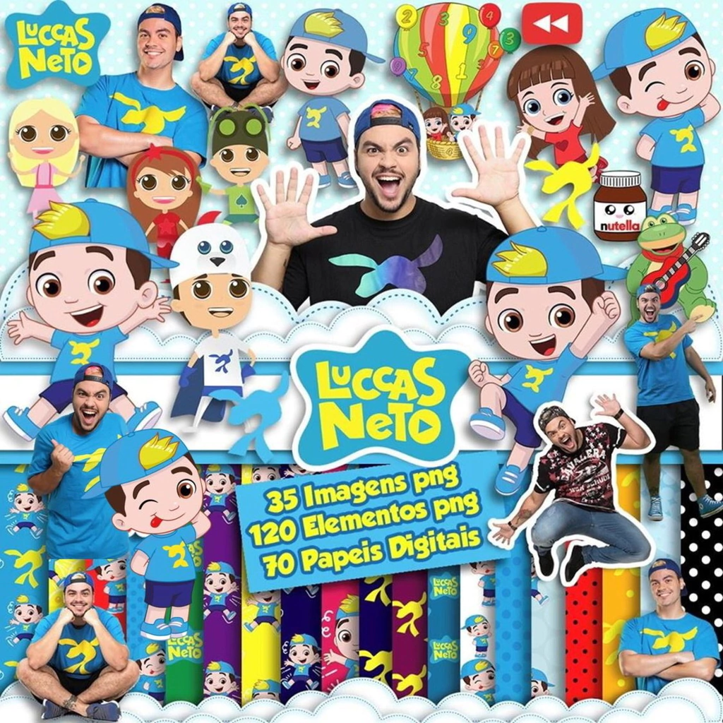 Elementos digitais do Luccas Neto com foca e acessórios em alta resolução. Imagens em formato PNG transparente e papéis temáticos em JPG.