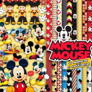 Elementos digitais clássicos do Mickey Mouse com luvas, shorts vermelhos e silhuetas. Imagens em formato PNG transparente e papéis coloridos em JPG.