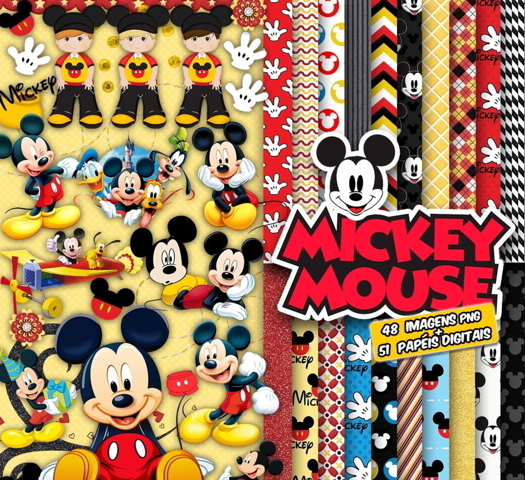 Elementos digitais clássicos do Mickey Mouse com luvas, shorts vermelhos e silhuetas. Imagens em formato PNG transparente e papéis coloridos em JPG.