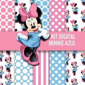 Elementos digitais da Minnie Azul com vestidos, laços e flores em alta resolução. Imagens em PNG transparente e papéis em JPG.