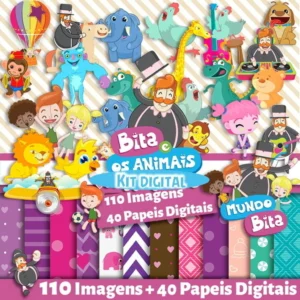 Elementos digitais do Mundo Bita com Bita, Lila, Dan e Tito em alta resolução. Imagens em formato PNG transparente e papéis temáticos em JPG.