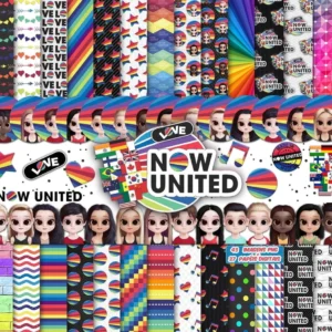 Elementos digitais do Now United com logo colorido, bandeiras e integrantes em alta resolução. Imagens em formato PNG transparente e papéis em JPG.