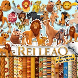 Elementos digitais do Rei Leão com Simba, Timão e Pumba na savana em alta resolução. Imagens em formato PNG transparente e papéis em JPG.