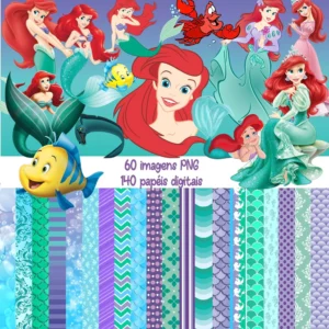 Elementos digitais da Sereia Ariel com Linguado, Sebastião e conchas em alta resolução. Imagens em formato PNG transparente e papéis em JPG.