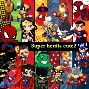 Elementos digitais de Super Heróis com emblemas, quadrinhos e prédios em alta resolução. Imagens em formato PNG transparente e papéis em JPG.