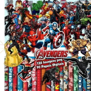 Elementos digitais dos Vingadores com Homem de Ferro, Capitão América e Thor em alta resolução. Imagens em PNG transparente e papéis em JPG.