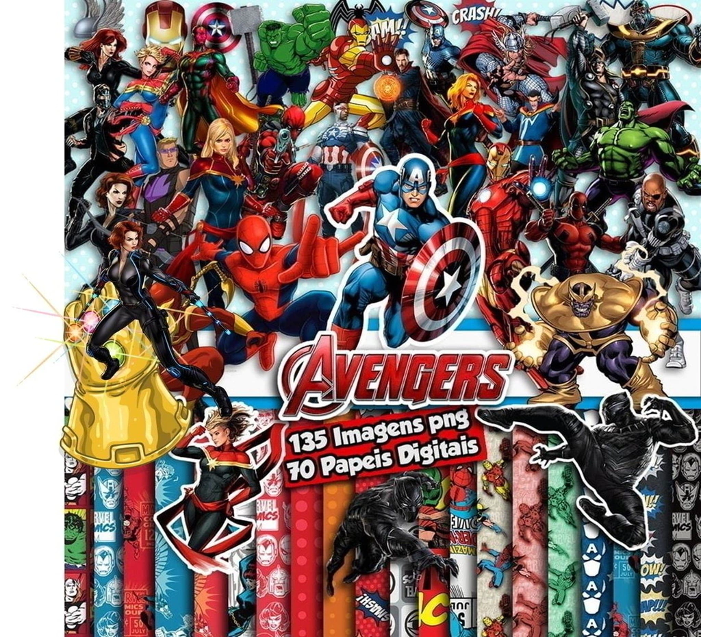 Elementos digitais dos Vingadores com Homem de Ferro, Capitão América e Thor em alta resolução. Imagens em PNG transparente e papéis em JPG.