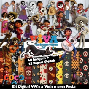Elementos digitais de Viva a Vida é uma Festa com Miguel, Héctor e violão em alta resolução. Imagens em formato PNG transparente e papéis em JPG.