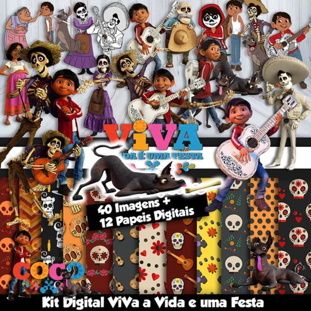 Elementos digitais de Viva a Vida é uma Festa com Miguel, Héctor e violão em alta resolução. Imagens em formato PNG transparente e papéis em JPG.