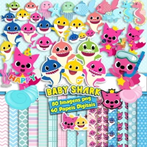 Elementos digitais do Baby Shark com toda a família de tubarões em alta resolução. Imagens em formato PNG transparente e papéis em JPG.