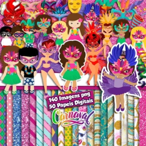 Elementos digitais de Carnaval com máscaras, confetes e serpentinas em alta resolução. Imagens em formato PNG transparente e papéis festivos em JPG.