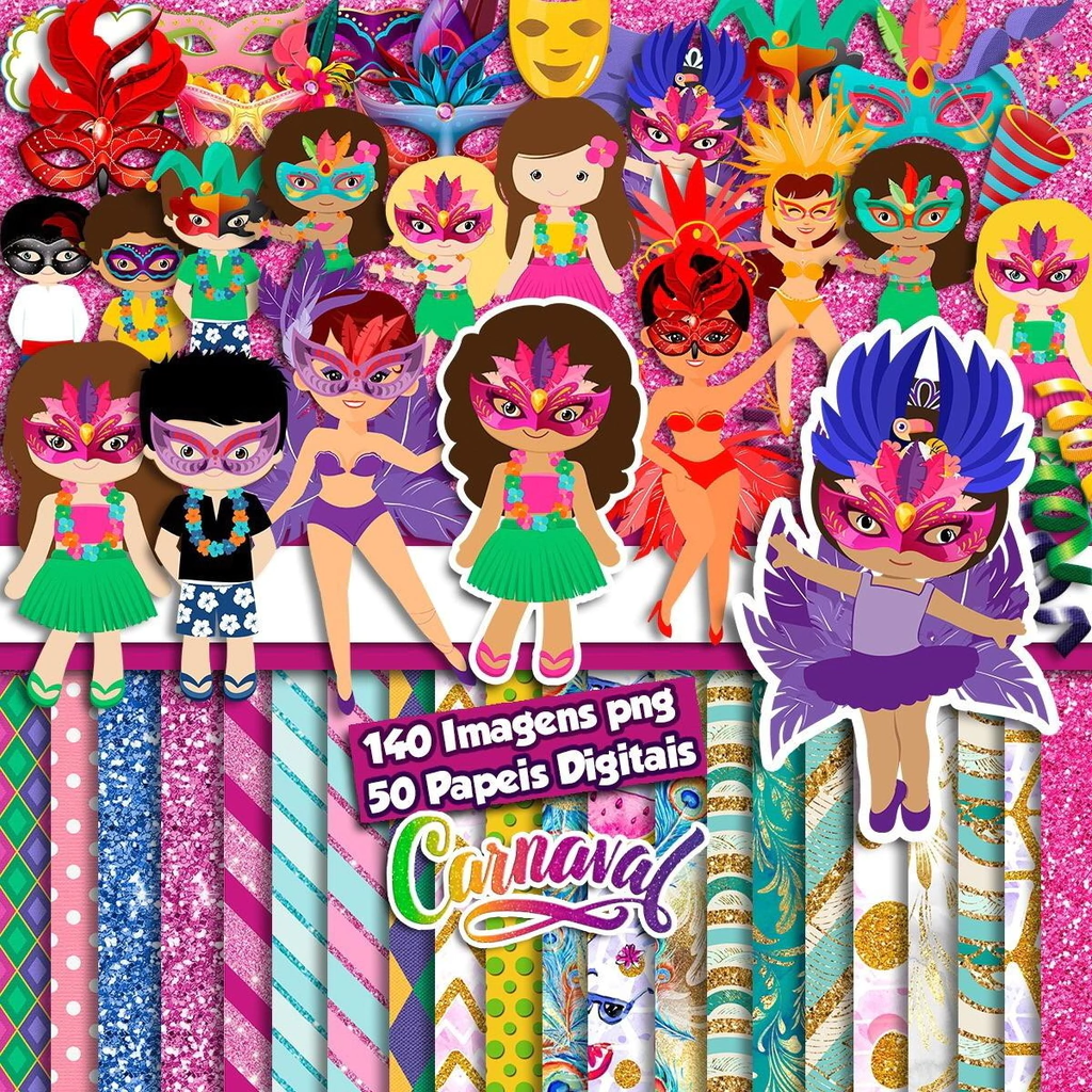 Elementos digitais de Carnaval com máscaras, confetes e serpentinas em alta resolução. Imagens em formato PNG transparente e papéis festivos em JPG.