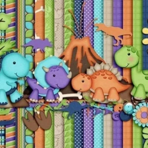 Elementos digitais de dinossauros fofos com pegadas e vegetação em alta resolução. Imagens em formato PNG transparente e papéis pré-históricos em JPG.