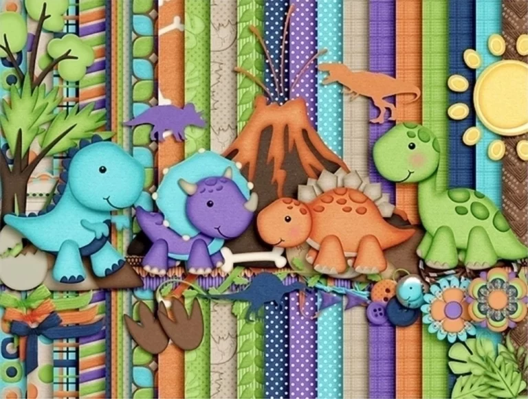 Elementos digitais de dinossauros fofos com pegadas e vegetação em alta resolução. Imagens em formato PNG transparente e papéis pré-históricos em JPG.