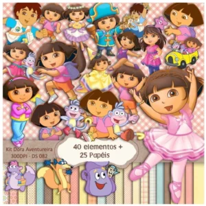 Elementos digitais de Dora Aventureira com Botas e a Mochila em alta resolução. Imagens em formato PNG transparente e papéis em JPG.