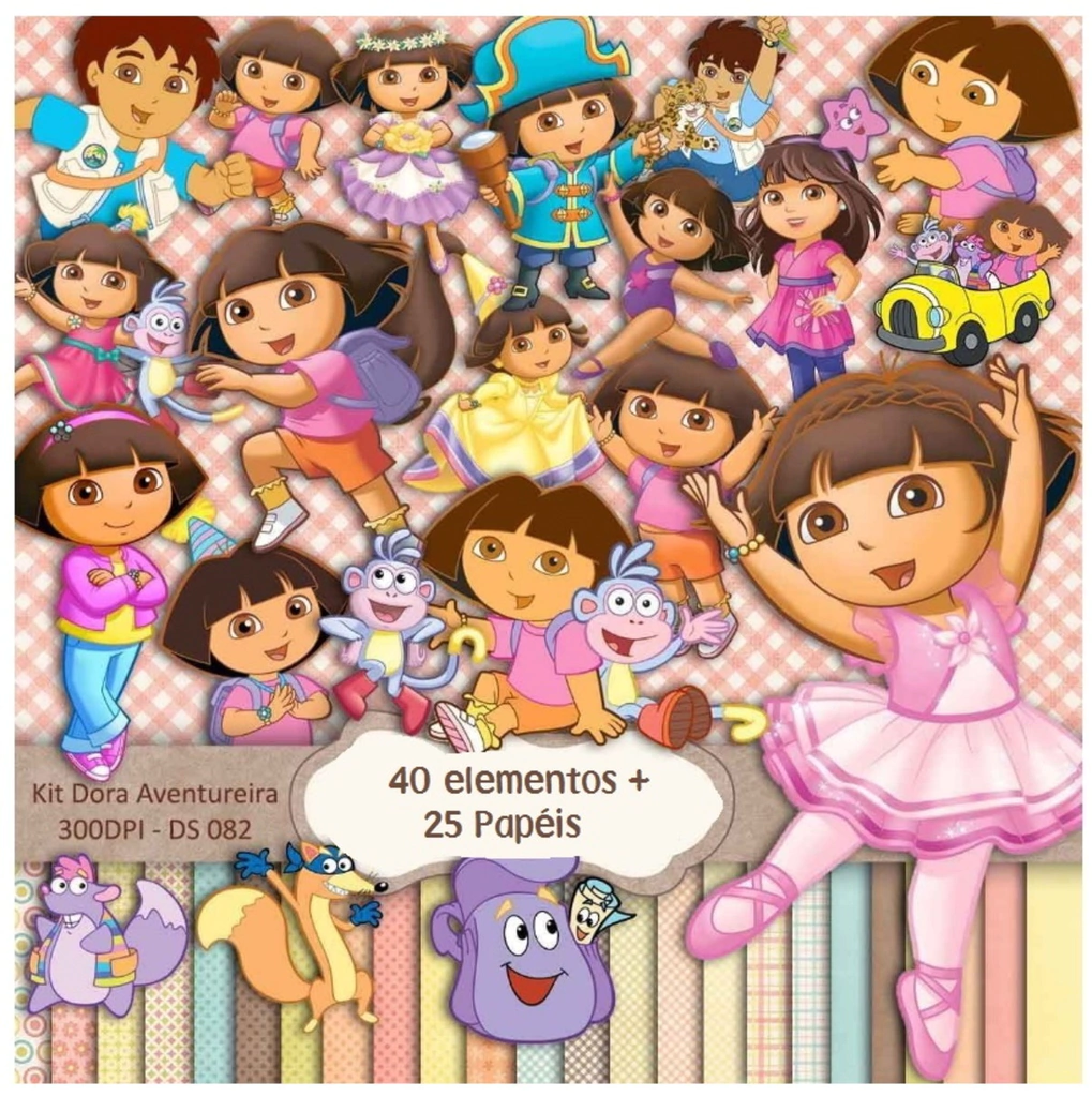 Elementos digitais de Dora Aventureira com Botas e a Mochila em alta resolução. Imagens em formato PNG transparente e papéis em JPG.
