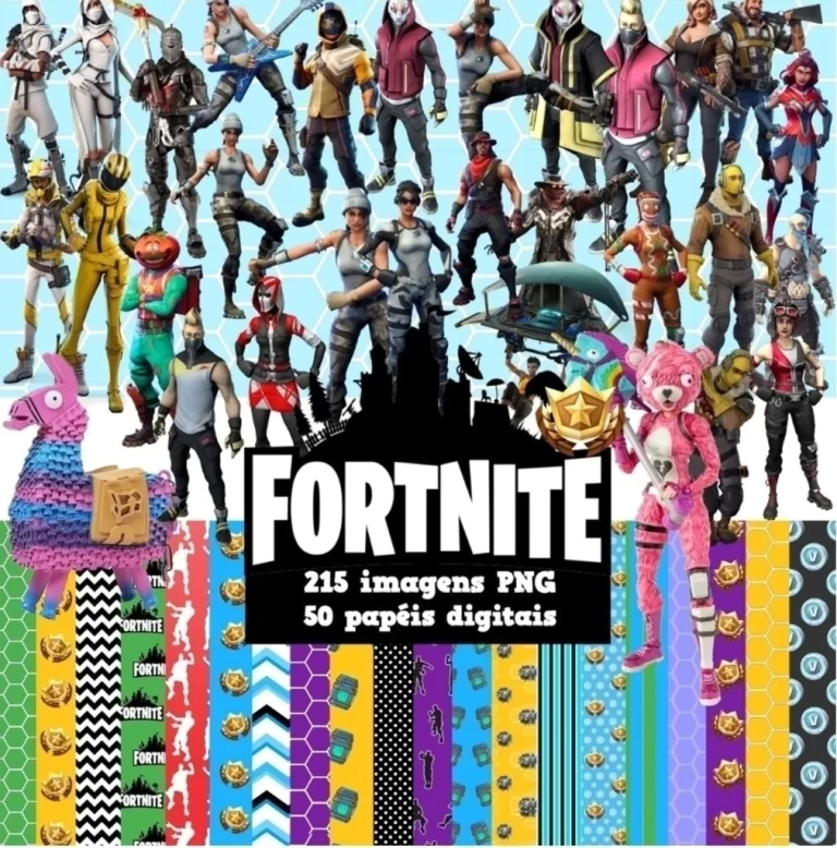 Elementos digitais do Fortnite com lama de suprimentos, skins e picaretas em alta resolução. Imagens em PNG transparente e papéis em JPG.