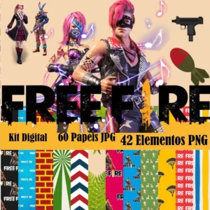 Elementos digitais do Free Fire com armas, escudos e personagens em alta resolução. Imagens em formato PNG transparente e papéis em JPG.