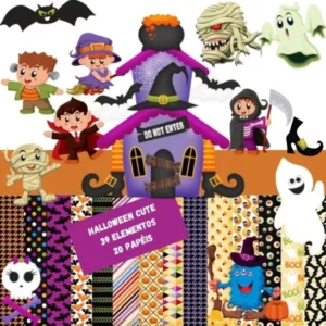 Elementos digitais de Halloween com abóboras, fantasmas e morcegos em alta resolução. Imagens em PNG transparente e papéis temáticos em JPG.