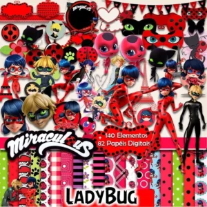 Elementos digitais da Ladybug com joaninhas e estampas de poá vermelho e preto em alta resolução. Imagens em PNG e papéis digitais em JPG.