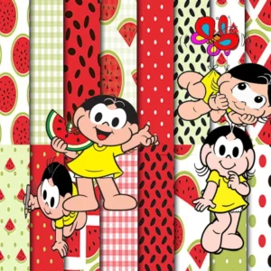 Elementos digitais da Magali com melancias e mingau em alta resolução. Imagens em formato PNG transparente e papéis amarelos estampados em JPG.