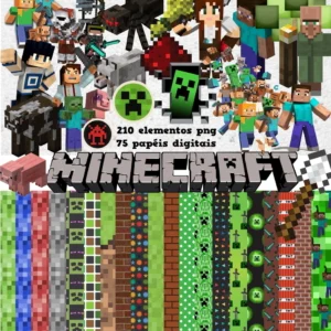 Elementos digitais do Minecraft com blocos, Steve, Alex e Creepers em alta resolução. Imagens em formato PNG transparente e papéis em JPG.