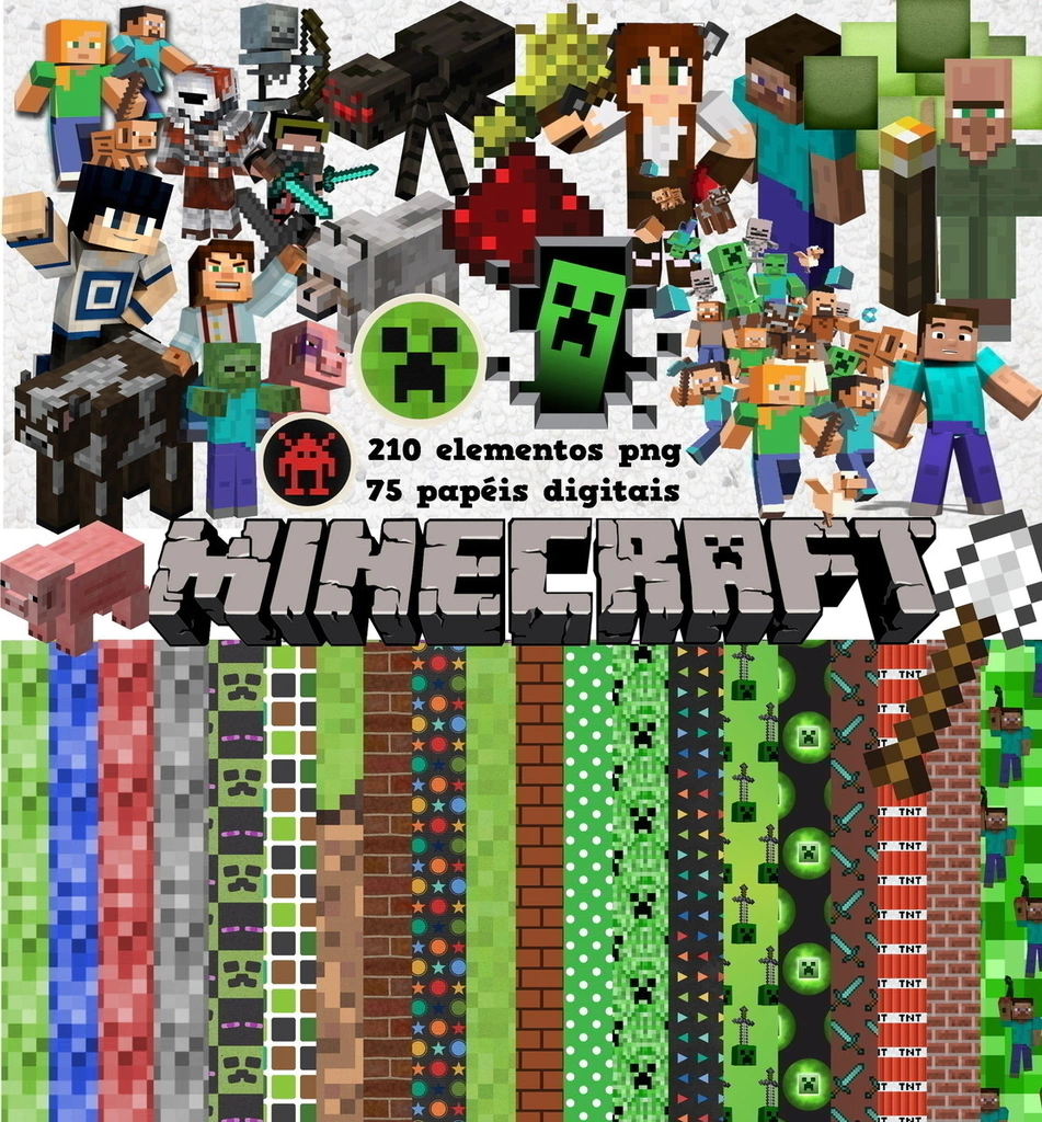 Elementos digitais do Minecraft com blocos, Steve, Alex e Creepers em alta resolução. Imagens em formato PNG transparente e papéis em JPG.