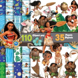 Elementos digitais e papéis tropicais da Moana em alta resolução. Imagens em formato PNG com fundo transparente e estampas de praia em JPG.