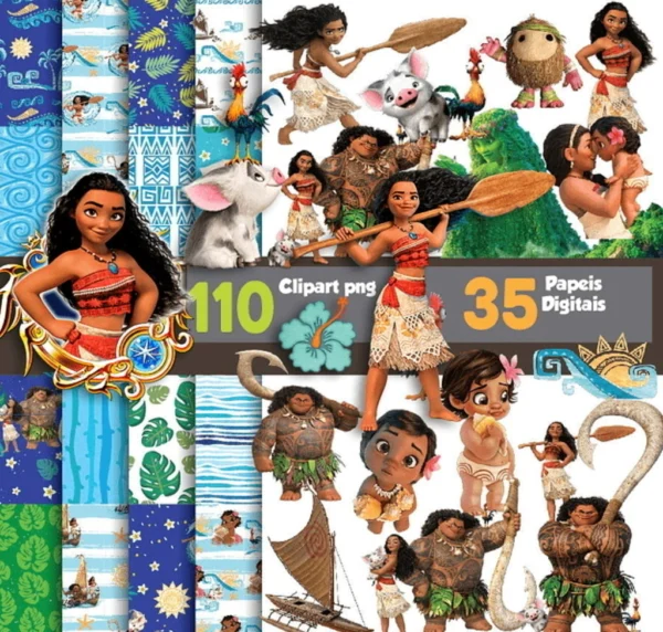 Elementos digitais e papéis tropicais da Moana em alta resolução. Imagens em formato PNG com fundo transparente e estampas de praia em JPG.