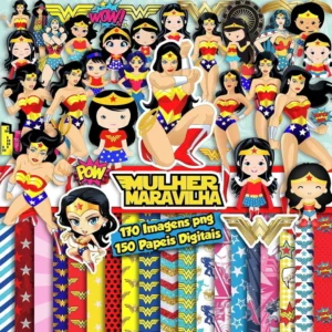 Elementos digitais da Mulher Maravilha com laço da verdade, escudo e estrelas em alta resolução. Imagens em PNG transparente e papéis em JPG.