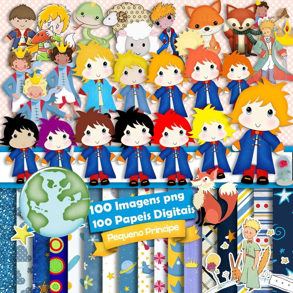 Elementos digitais do Pequeno Príncipe com a raposa, rosa e estrelas em alta resolução. Imagens em formato PNG transparente e papéis estelares em JPG.