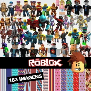 Elementos digitais do Roblox com avatares, blocos e logo em alta resolução. Imagens em formato PNG transparente e papéis temáticos em JPG.