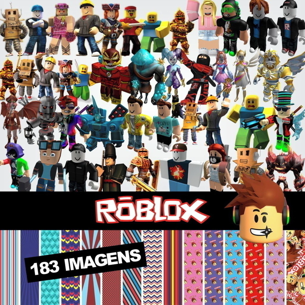 Elementos digitais do Roblox com avatares, blocos e logo em alta resolução. Imagens em formato PNG transparente e papéis temáticos em JPG.
