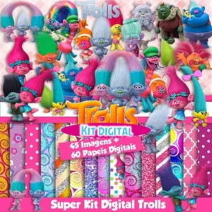 Elementos digitais coloridos dos Trolls com cabelos coloridos e glitter em alta resolução. Imagens em formato PNG transparente e papéis em JPG.