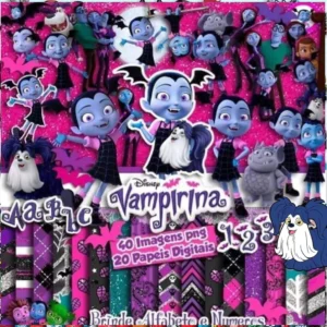Elementos digitais da Vampirina com teias, morceguinhos e castelo em alta resolução. Imagens em PNG transparente e papéis estendidos em JPG.