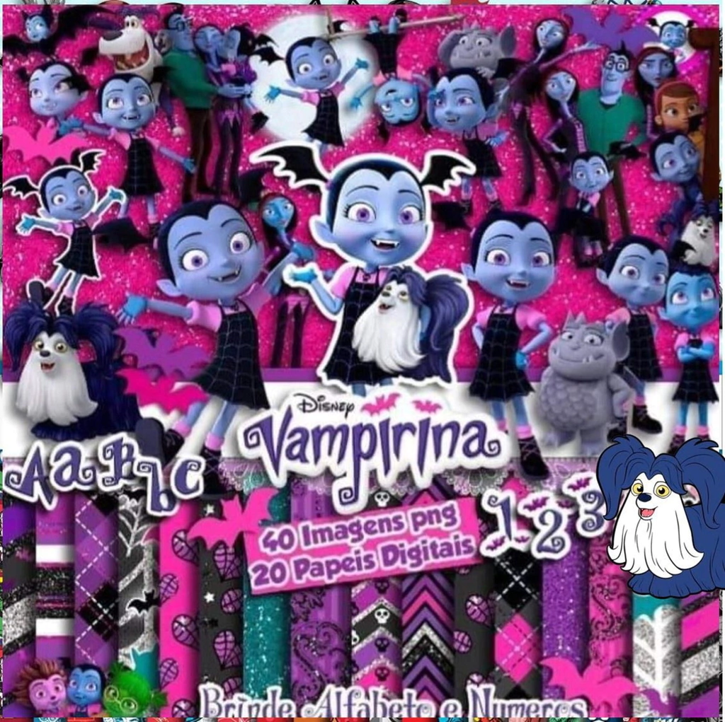 Elementos digitais da Vampirina com teias, morceguinhos e castelo em alta resolução. Imagens em PNG transparente e papéis estendidos em JPG.