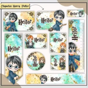 Kit de etiquetas escolares personalizadas no tema Harry Potter com o bruxinho e elementos mágicos para materiais escolares.