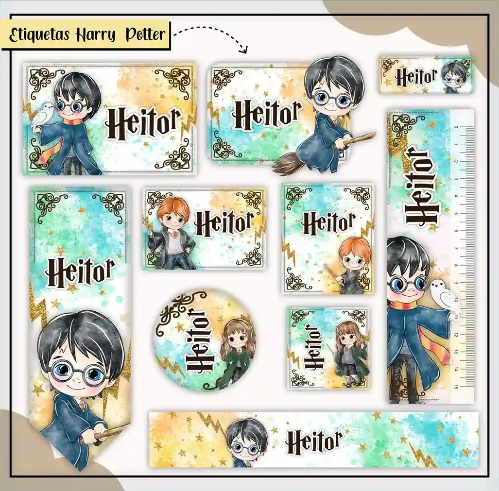 Kit de etiquetas escolares personalizadas no tema Harry Potter com o bruxinho e elementos mágicos para materiais escolares.