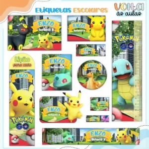 Kit de etiquetas escolares personalizadas no tema Pokemon com Pikachu e Pokebolas para identificação de materiais escolares.