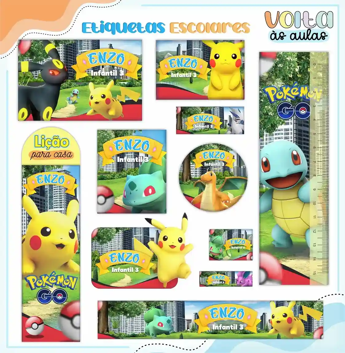Kit de etiquetas escolares personalizadas no tema Pokemon com Pikachu e Pokebolas para identificação de materiais escolares.